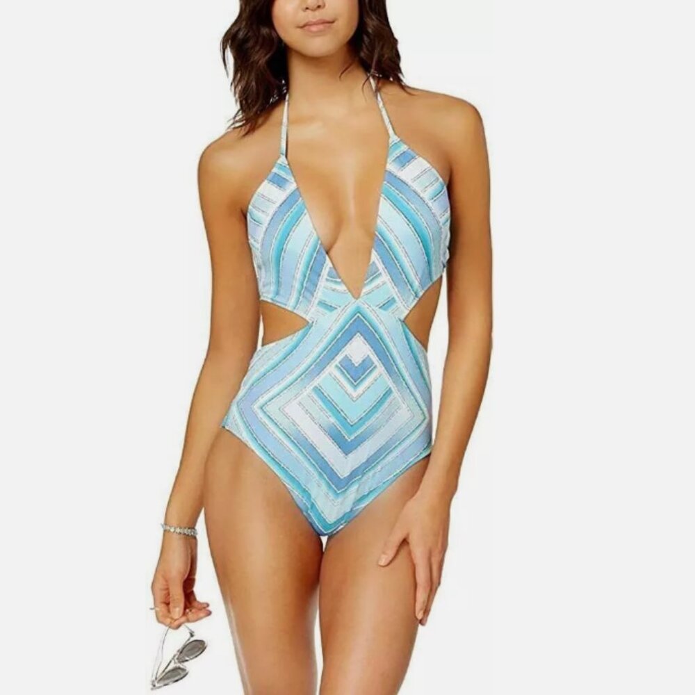 Bar III Printed Plunge Cutout Monokini One-Piece Swimsuit, CRYSTAL BLUE, S